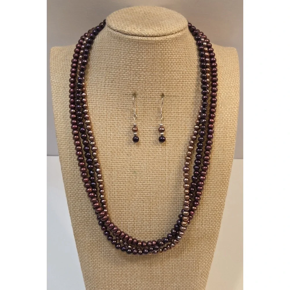 Triple Strand Burgundy Purple Pearl & Sterling Silver Necklace & Earrings Set